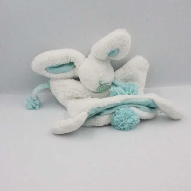 Doudou et Compagnie plat marionnette lapin blanc bleu vert Pompon - 23865