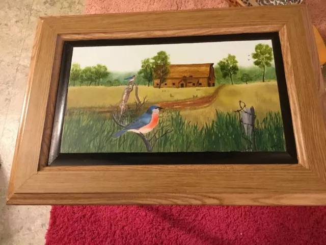 Unique Hand Painted Bluebird Barn Painting On Wood Cupboard Door