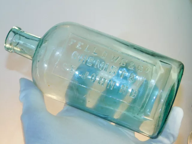 ANTIQUE BOTTLE BLUE AQUA FELLOWS & CO CHEMIST ST JOHN N.B BIG OLD BOTTLE 1900's