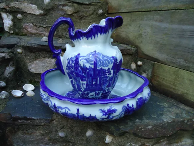 Jug & Bowl Blue & White Ceramic Vintage Style Water Basin Collectable