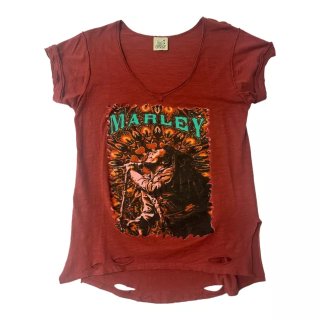 Jaded Gypsy Bob Marley Shirt Womens S/M Distressed Orange Tee Top Short Sleeve