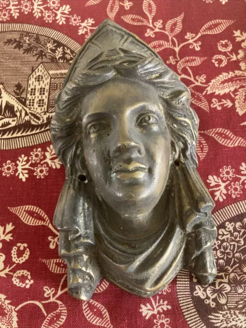 Antique Architectural Salvage Brass Or Bronze Classical Woman Face Pediment 2
