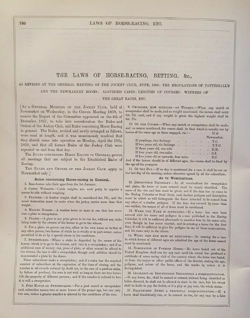 1883 Old Ephemera HORSE RACING LAW - JOCKEY CLUB RULES - BETTING COURSE LENGTHS
