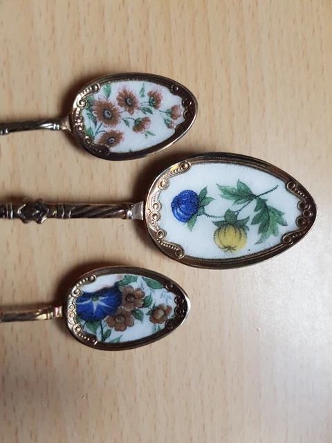 3 Sammel Andenken Löffel Blumen  Silber Email
