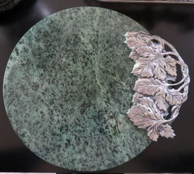 Vintage Green Marble Cutting Cheese Serving Tray Board Pewter Grape Leaf Leaves
