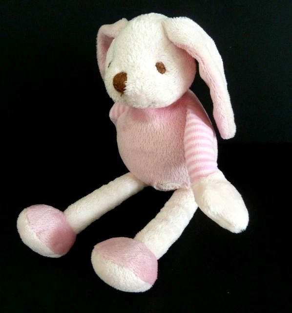 *. DOUDOU PELUCHE BABY NAT' LAPIN PANTIN ROSE BRAS RAYE BLANC 25cm EXC. ETAT