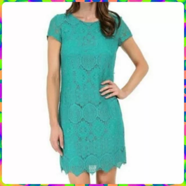 LAUNDRY by SHELLI SEGAL Green Lace Floral Medallion Overlay Shift Dress Size 14