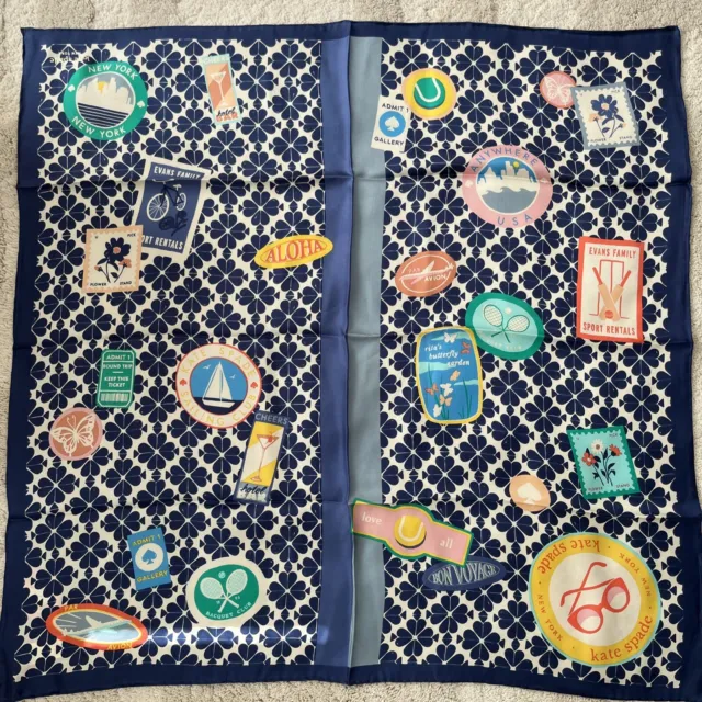 New Kate Spade travel stickers silk square Scarf Blue Multicolor Great gift