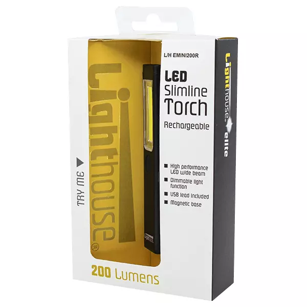 Lighthouse Rechargeable Mini Slimline 200 Lumens LED Torch/Light, L/HEMINI200R