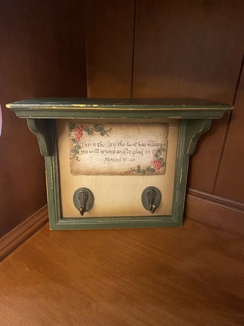 Vintage Green Wood Wall Mounted  Shelf Rack with 2 Key Hooks