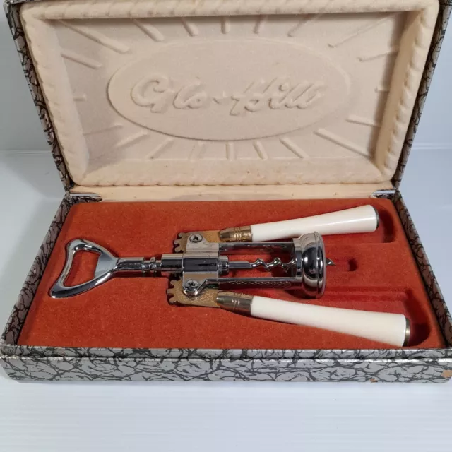 Vintage Glo-Hill  Corkscrew Bottle and Wine Opener  Bakelite white Handles