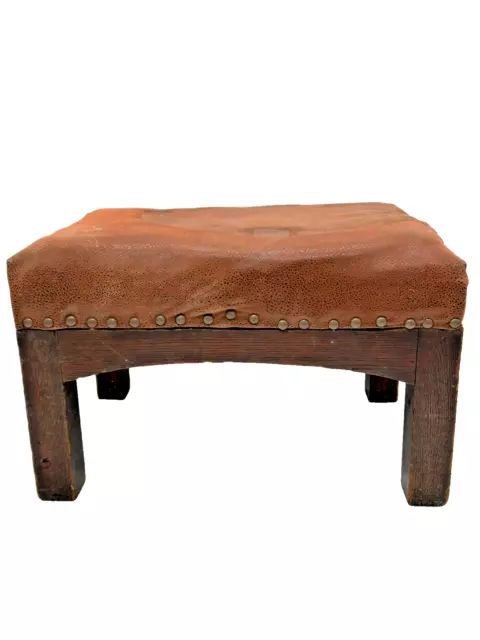 arts & crafts oak Sikes quaker craft mission leather foot stool bench 1915 rare