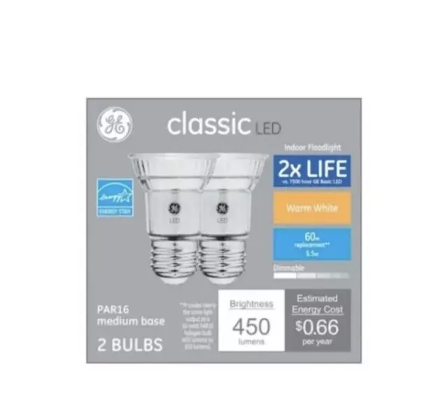 2 Bulbs 1 Pack GE Classic 60Watt EQ LED Par 16 Warm Med. Dimmable Flood Light