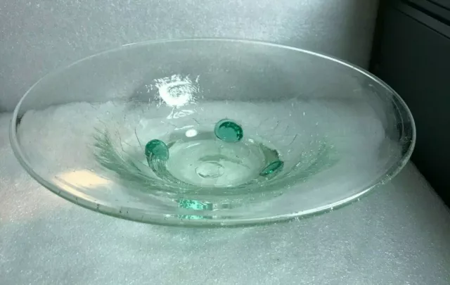 MCM BLENKO CRACKLE GLASS LARGE bowl GREEN FOOT & APPLIED ROSETTES