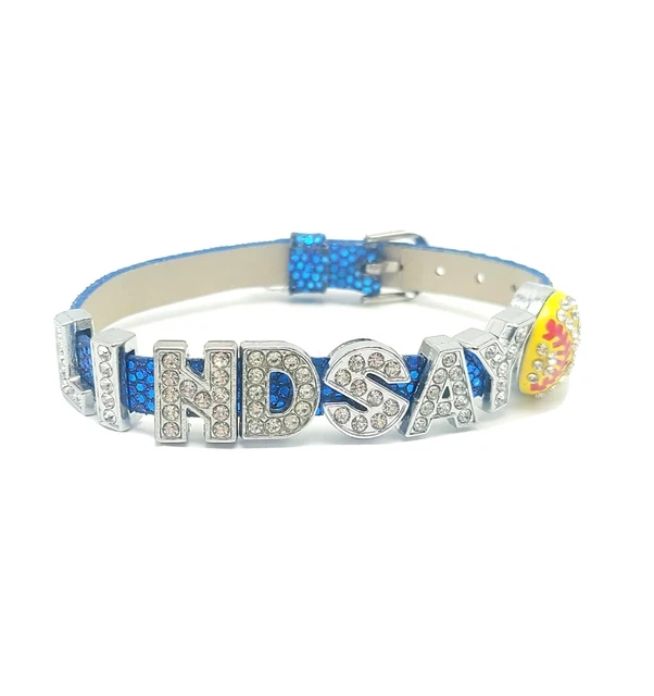 Name Lindsay Rhinestone Letters Charm Bracelet With Softball On Blue Buckle...