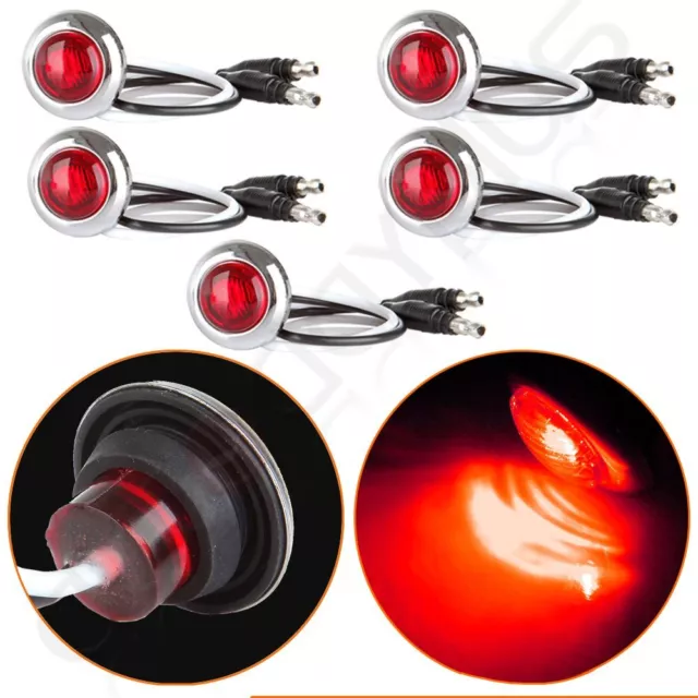 5X 3/4" Trailer Bullet Side Marker Truck Red Light Chrome Bezel Clearance Lamp