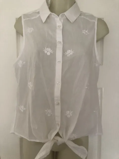 White Broderie embroidered tie top new look summer size 12 Cotton blouse collar