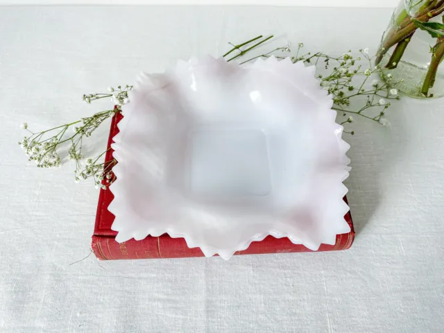 Vintage White and Pink Rippled Milk Glass Candy Dish w/ Quilted Diamond Pattern