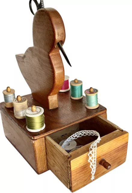 Antique Handmade Sewing Box w Thread Spindles & Bird Scissor Holder Ex Condition