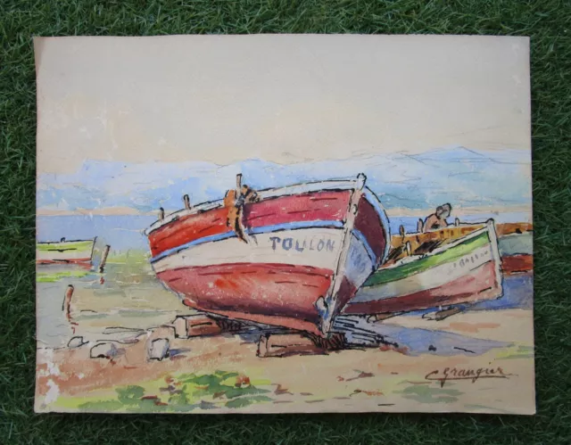 Très belle aquarelle ancienne Toulon barques de pêche tableau marine vers 1920.