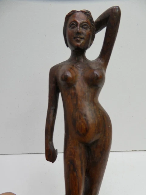 Vintage Hand Carved Wooden Rosewood Timber Statue Figurine Naked Lady On Plynth
