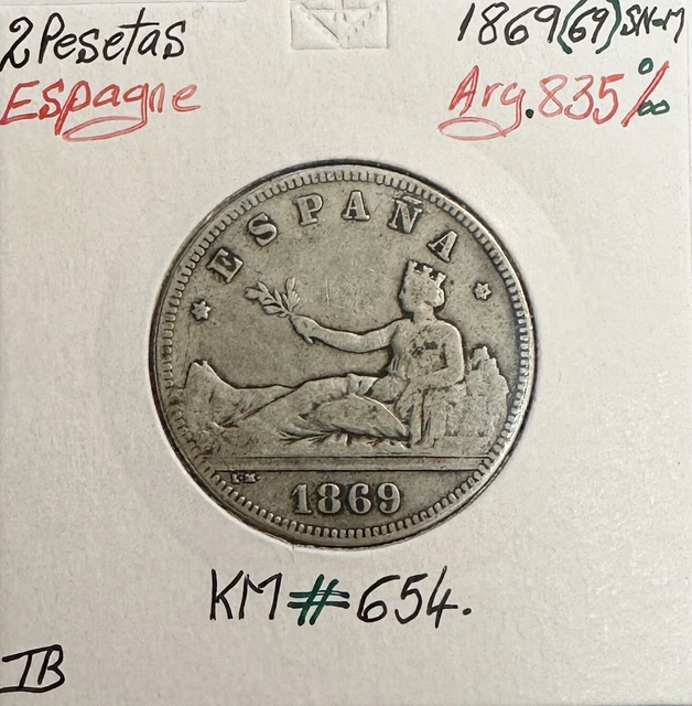 ESPAGNE - 2 PESETAS 1869(69) SN-M - Pièce de Monnaie en Argent / Qualité : TB