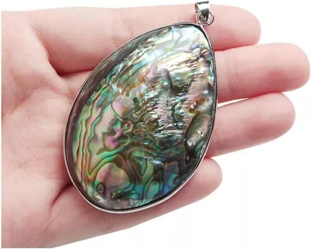 1Pcs Gorgeous Huge Oval Cut Natural Abalone Shell Gemstone Silver Necklace Penda