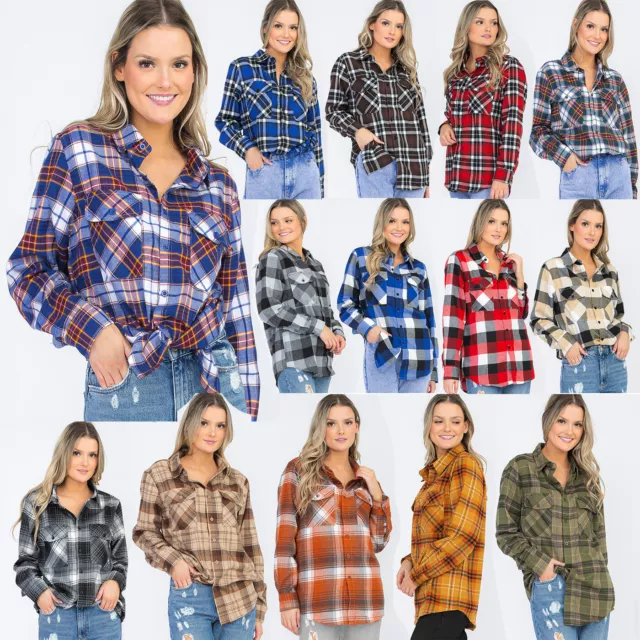 Women's Boy Friend Long Button Down Flannel Shirt with Plus Oversized