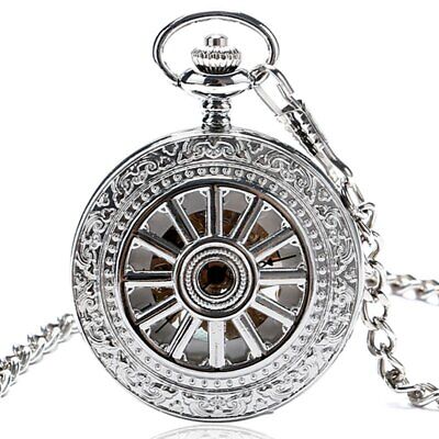 Mens Pocket Watch Mechanical Silver Skeleton Chain Hand-winding Luxury Watches