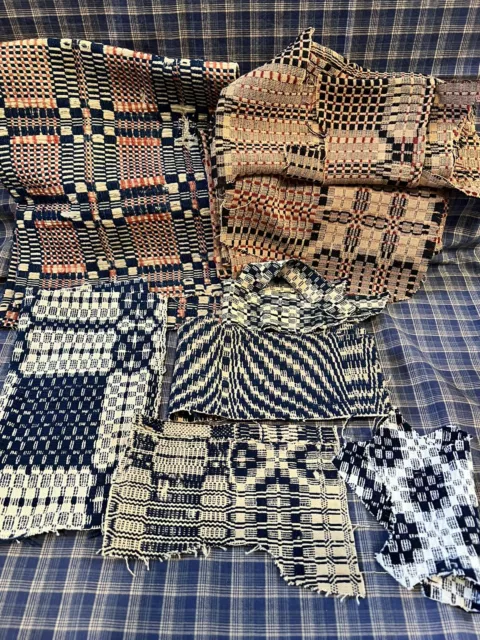 Antique Primitive Woven Coverlet Scraps, Red/Black/Blue, Colonial