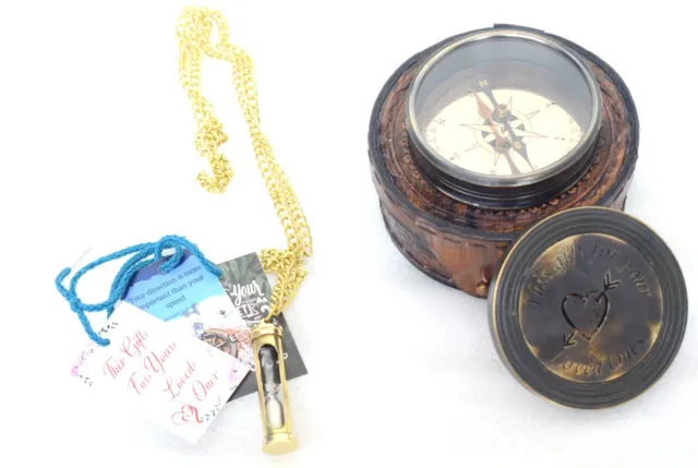 Vintage Collectible Antique Navigational Compass FREE Sand Timer Necklace Gift