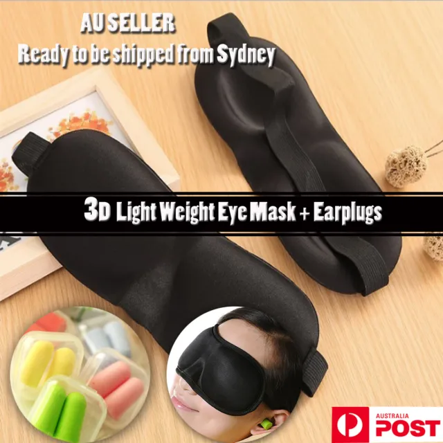 3D Travel Sleep Eye Mask Soft Padded Cover Sleeping Blindfold + 2x Earplugs