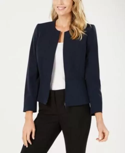 Tahari Asl Womens Navy Collarless Peplum Zip Jacket Sz 4 TINI {&}