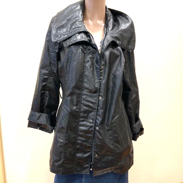 Chico's coat w Belt  Shiny embossed snake patterned black Chicos  2 Reg M/L