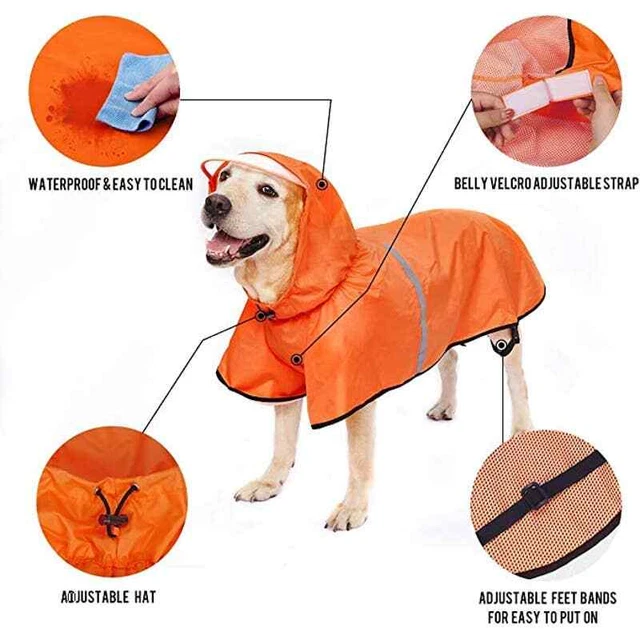 Dog Raincoat Belly Strap Leash Hole Hoodie Reflective Strip Size 3x Back 20.5"