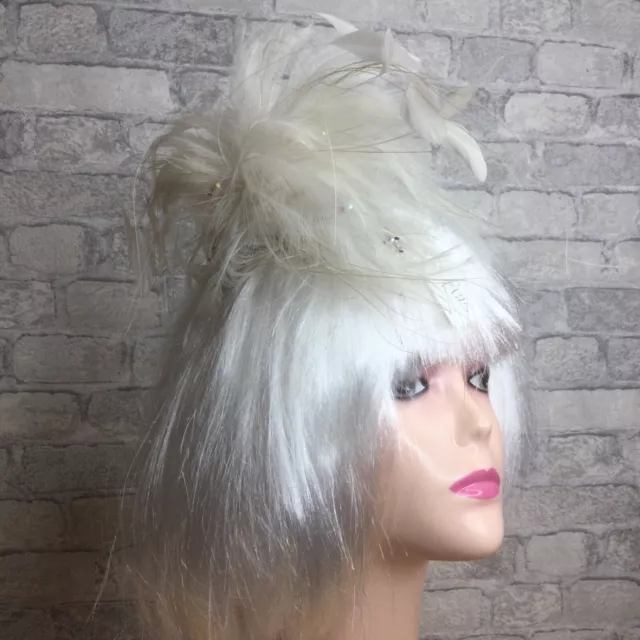 Ivory Feather Hair Slide Fascinator with Clear Beads Trim  - BNWT