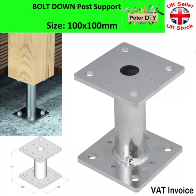 Heavy Duty Galvanised Bolt Down BASE POST SUPPORT Fence Foot Base 100x100mm