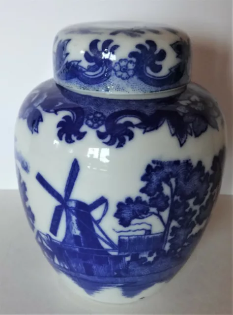 Teeurne Porzellan Urne Blau Weiß Windmühle Segelboote Vase mit Deckel 9,5 cm