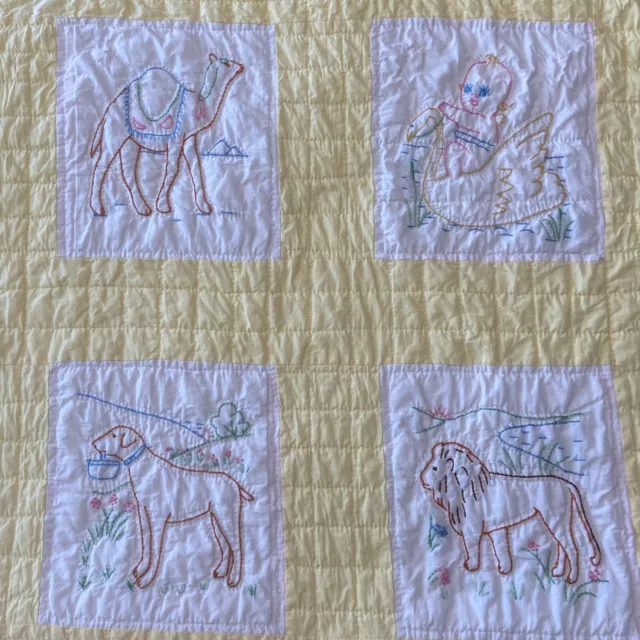 Unique Handmade Yellow White Baby Quilt Embroidered Animals Kewpi Baby 52x32