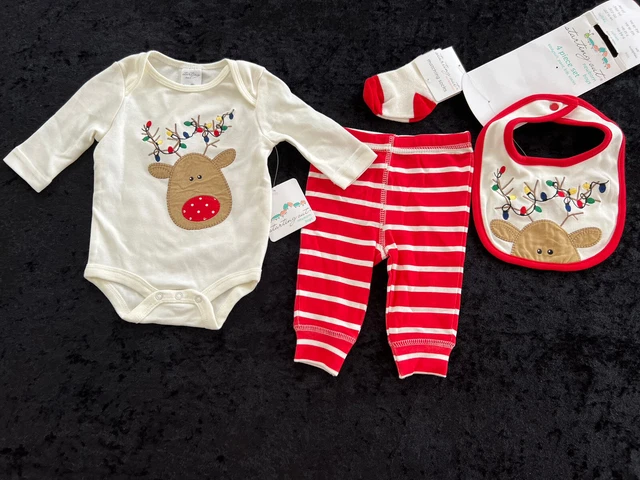 STARTING OUT Boy Girl NB Newborn 4 Piece Outfit Top Pants Socks Bib REINDEER NWT