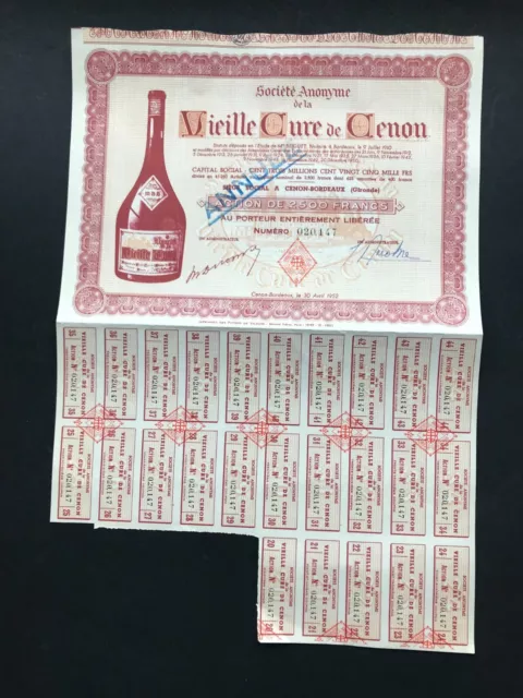 1952 Vieille Cure de Cenon Bordeaux 2500 Francs Share Certificate French Liqueur