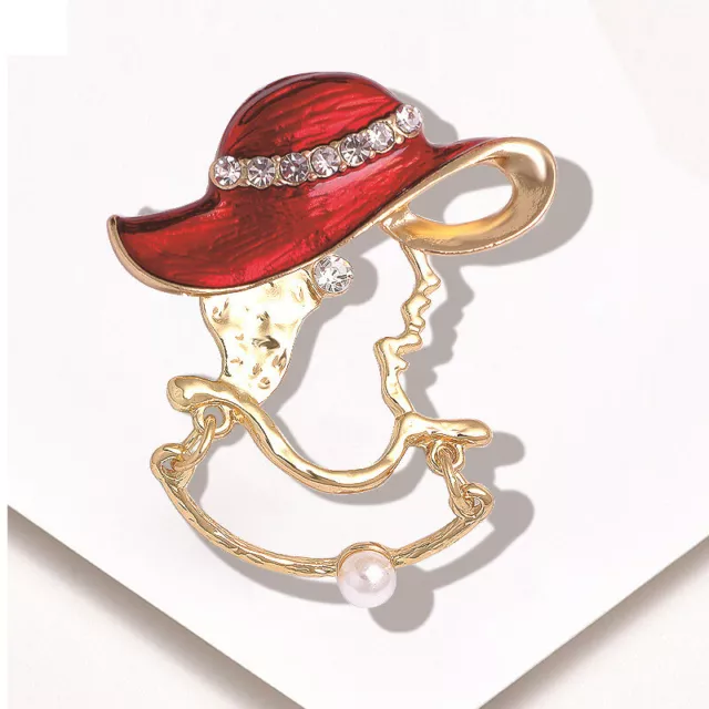 Red Hat Lady Vintage Style Crystal Brooch Gold Diamante Pearl Broach Pin Gift