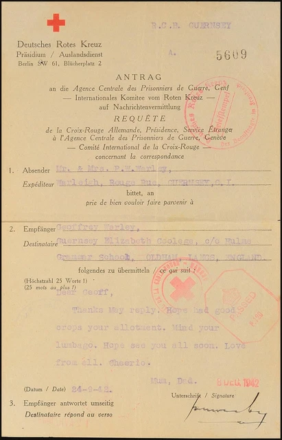12105) Rotkreuz-Nachrichten Brief 24.9.42 Guernsey nach England mit Antwort