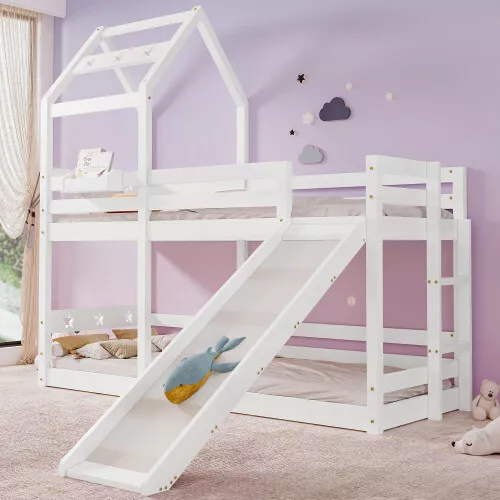 Kids Bunk Bed 3FT Single Pine Bed Frame High Sleeper Bed with Slide Ladder QL