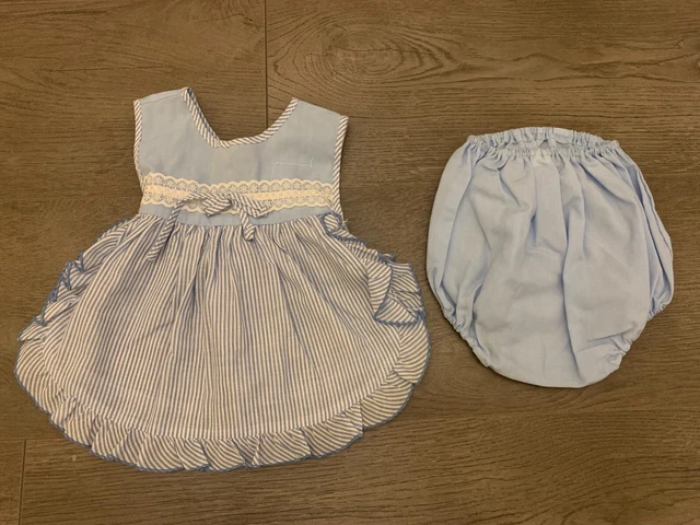 Vintage Baby Girls Dress Outfit Set Newborn 0-3 Months Blue White Striped Old