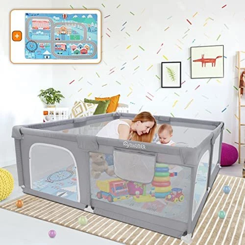 Baby Playpen with Mat, Baby Playpen 71"L x 60"W x 26"D Indoor Large Baby Grey