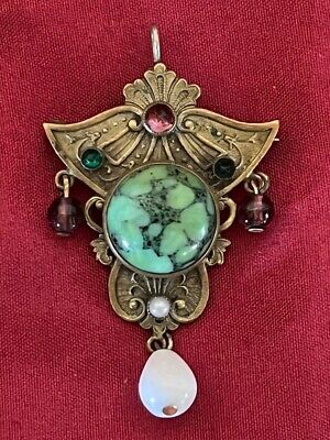 Antique Victorian Art Nouveau Dangle Brooch/Pendent Brass Green Jasper(Jade?)