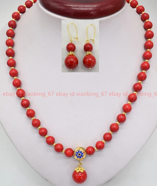 Natural 8mm Red Coral Round Gemstone Beads Pendant Necklace Earrings Set 18" AAA