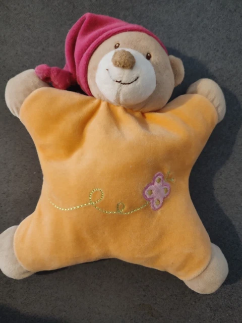 Doudou Coussin Plat Nattou Ours Orange Bonnet Rose Papillon Grelot - Tbe