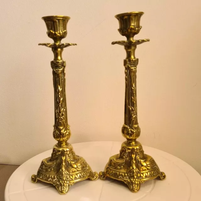 Pair of Victorian Brass Candlesticks Ornate Art Nouveau 22 cm Tall VGC Antique